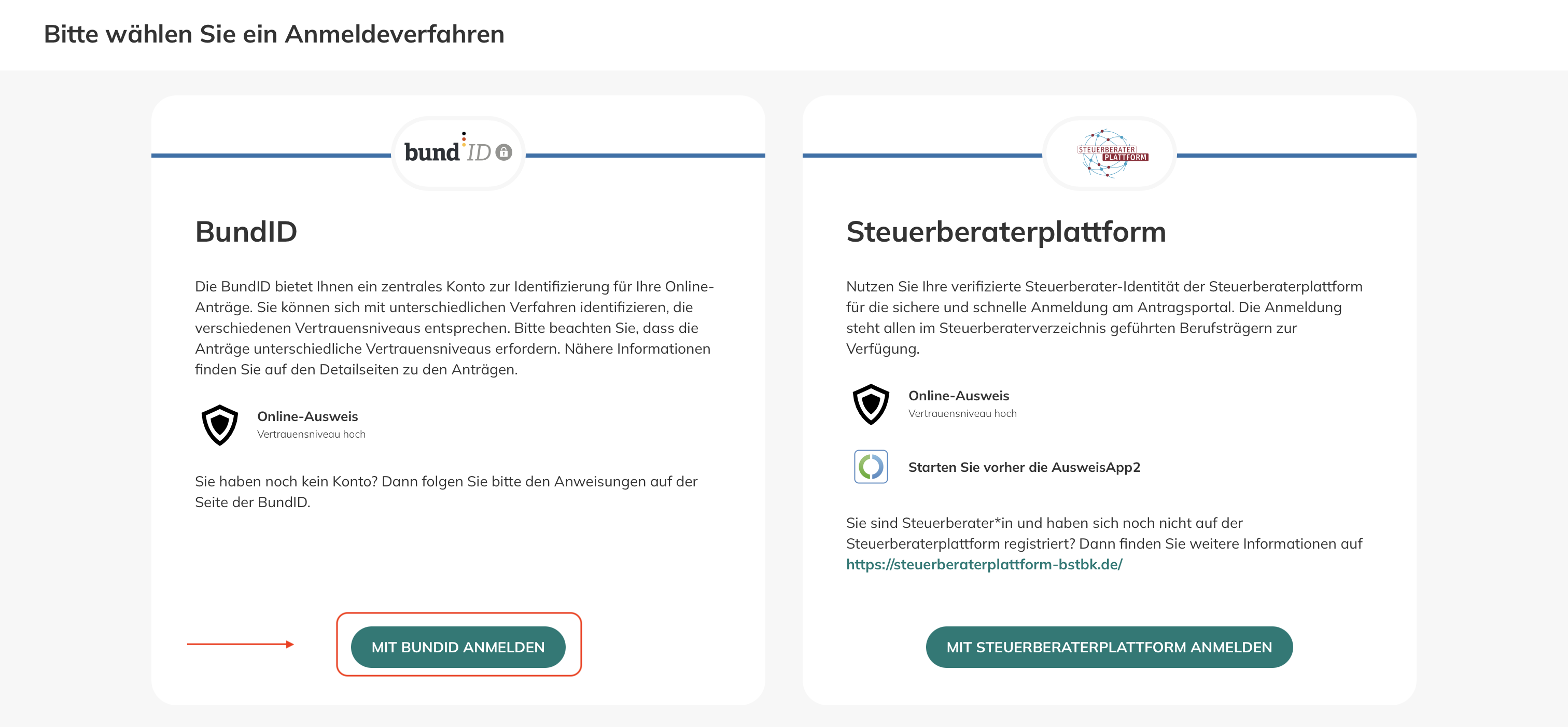 Zulassung zur Steuerberaterprüfung 2026_Schritt 2 Zulassung zur Steuerberaterprüfung 2026_Schritt 2: Mit Bund-ID anmelden